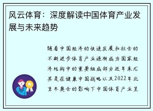 风云体育：深度解读中国体育产业发展与未来趋势